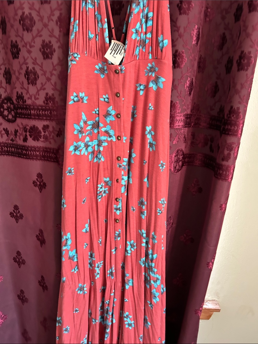 Free People Coral Maxi Dress with Turquoise Floral Accents